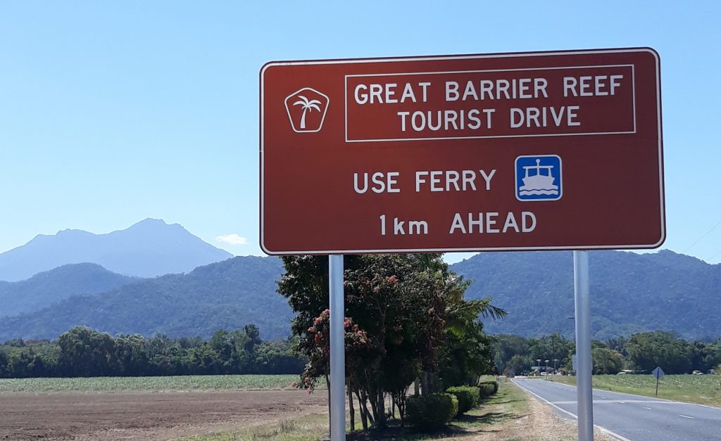 Signs for Great Barrier Reef Tourist Drive to Daintree Rainforest